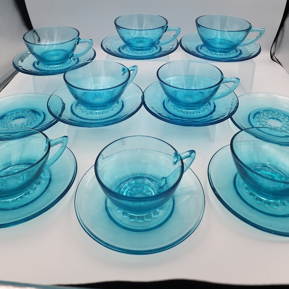 Vintage Hazel Atlas Capri Blue Hobnail Cup and Saucer Set